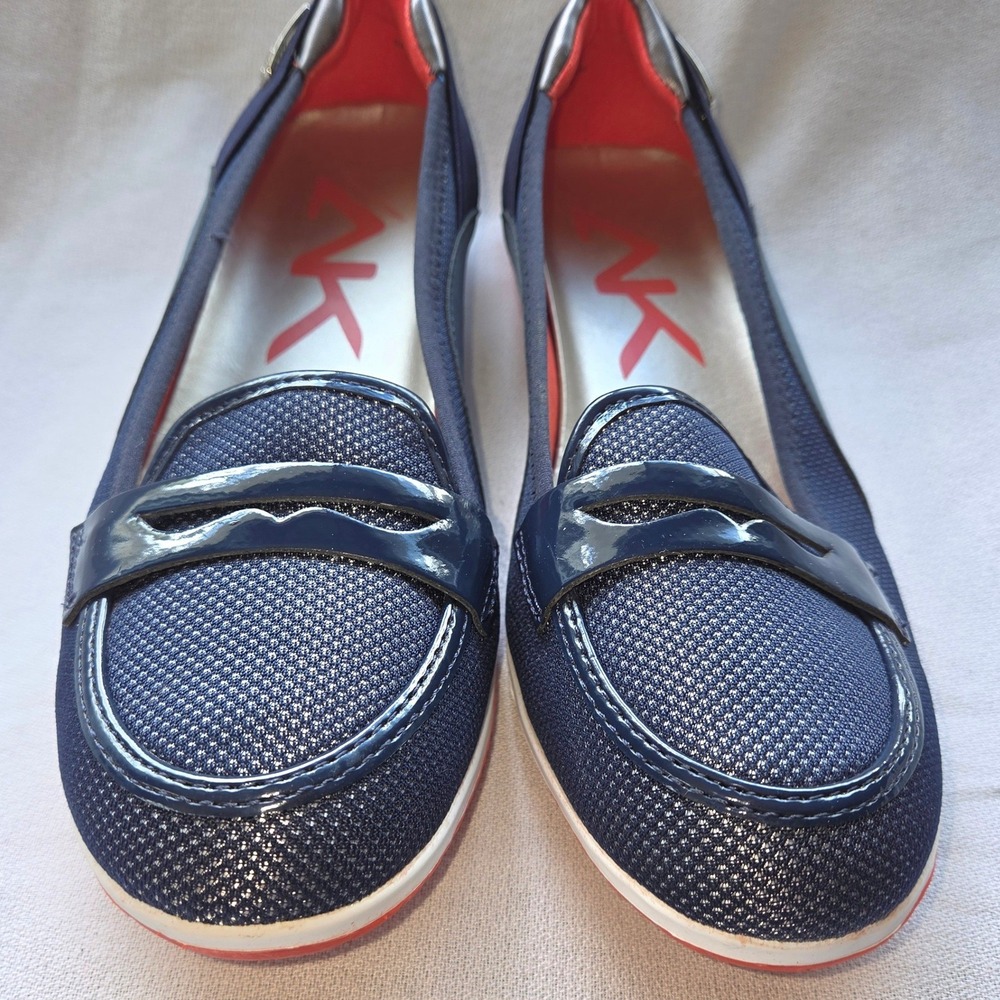 Anne Klein Sport Welcome Navy Blue Patent‎ Textile Penny Loafers Shoes 8.5M